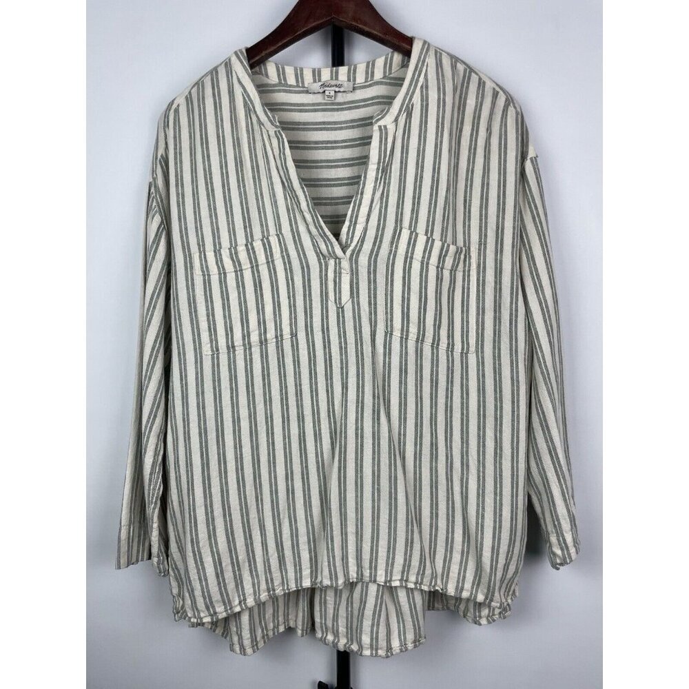 Madewell Lakeline Hester Stripe Linen Blend Popover Hi Low Blouse Size S